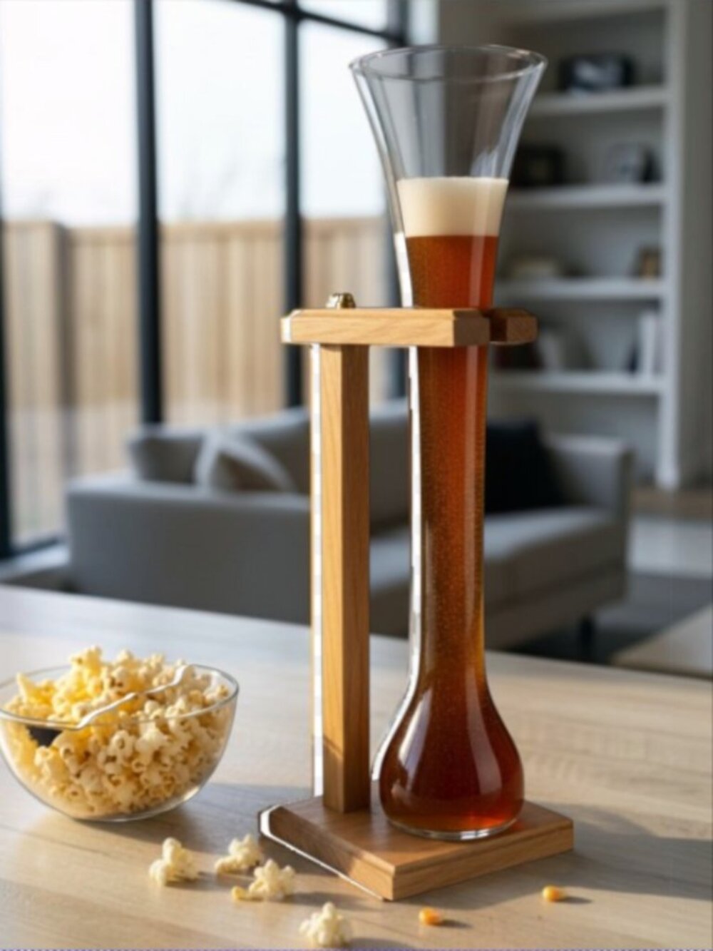 HALF YARD GLASS -- Wooden Stand, 24 oz, 18" Tall, Beer/Ale, Barware, Vintage